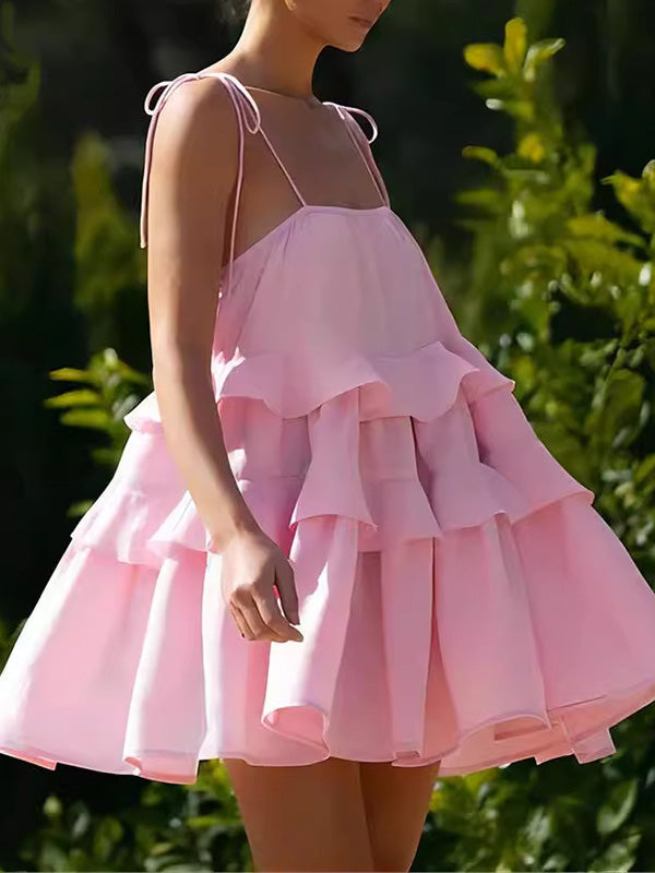 Backless Layered Pleated Solid Color A-Line High Waisted Spaghetti-Neck Mini Dresses