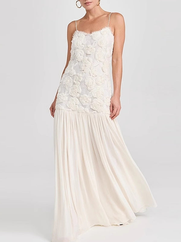 3D Flower Pleated Splicing Sleevless Spaghetti-Neck Elegant Maxi Dresses