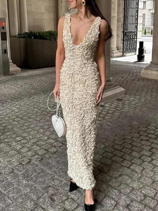 3D Flower Sleevless V-Neck Elegant Wrap Maxi Dresses