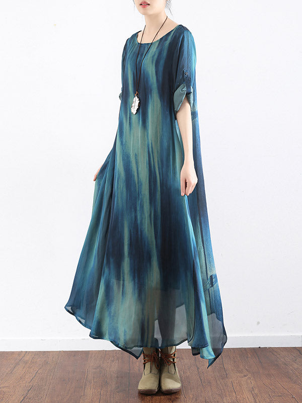 Artistic Retro 2 Pieces Printed Round-Neck Loose Maxi Dress