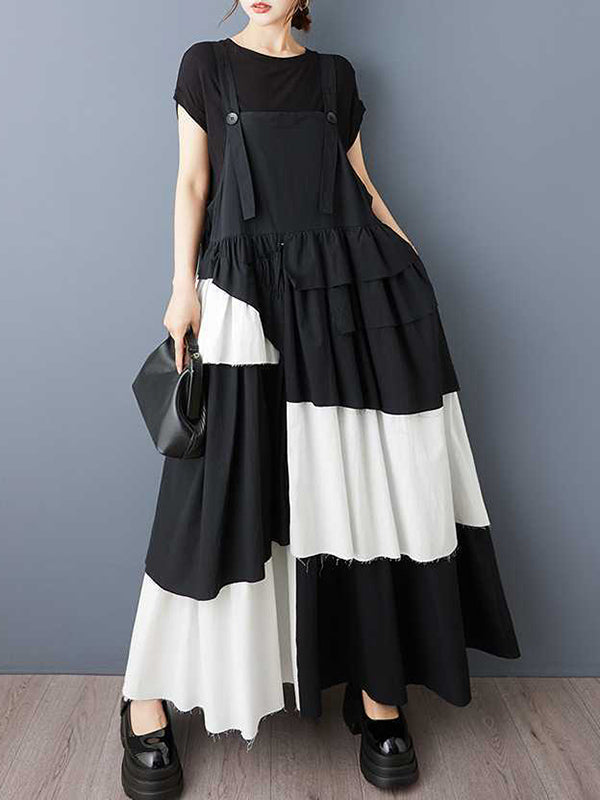 Asymmetric Buttoned Pleated A-Line Loose Spaghetti-Neck Suspender Dress Maxi Dresses