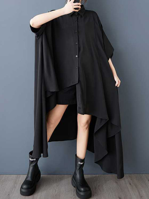 Asymmetric Buttoned Pockets Solid Color A-Line Half Sleeves Lapel Shirt Dress Midi Dresses