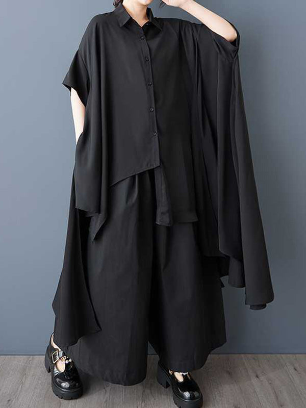 Asymmetric Buttoned Pockets Solid Color A-Line Half Sleeves Lapel Shirt Dress Midi Dresses