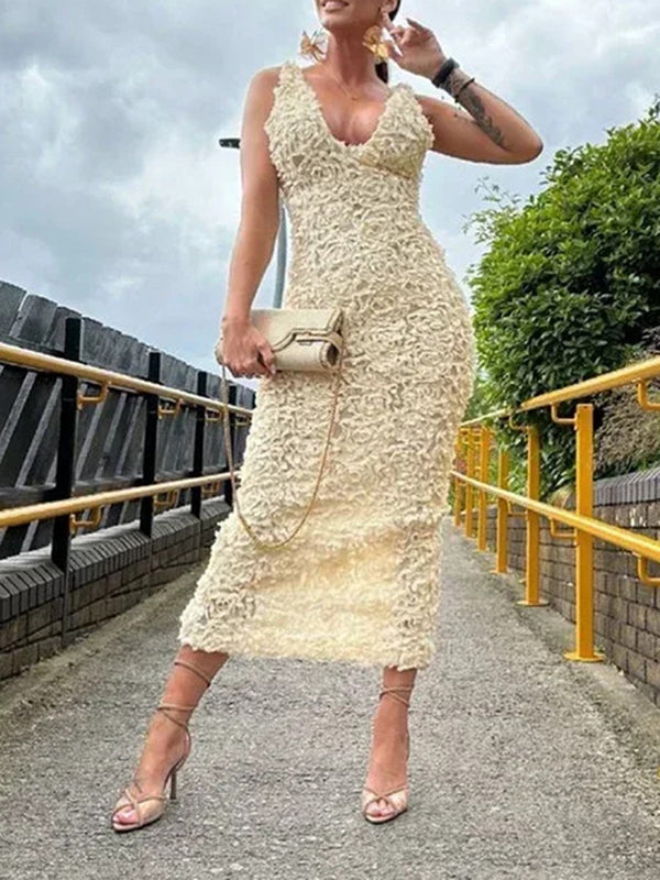 3D Flower Sleevless V-Neck Elegant Wrap Maxi Dresses