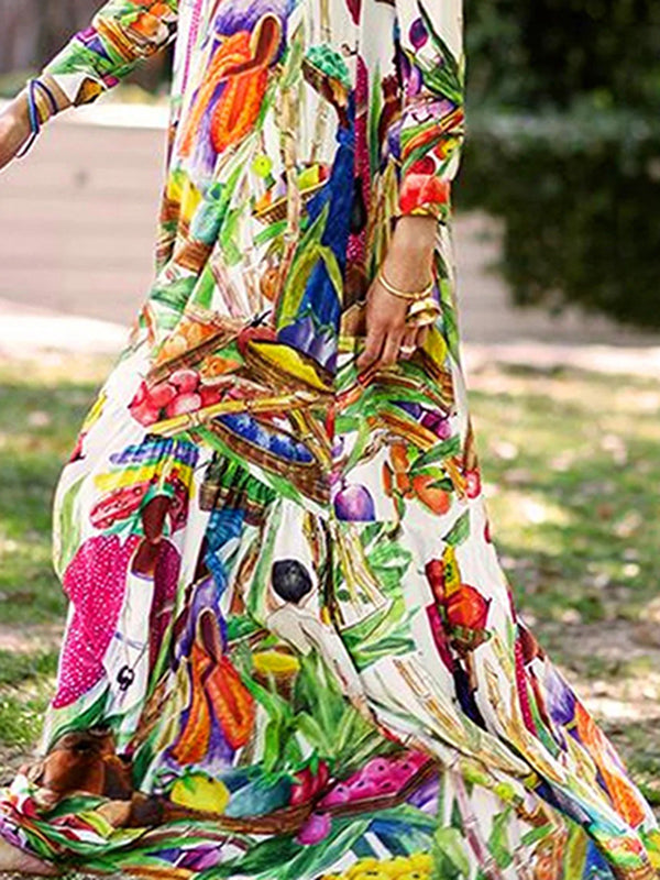 Asymmetric Printed Split-Joint Long Sleeves Loose Lapel Shirt Dress Maxi Dresses