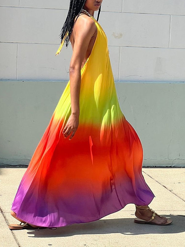 Backless Contrast Color Pleated Split-Joint Tied Loose Sleeveless Spaghetti-Neck Maxi Dresses