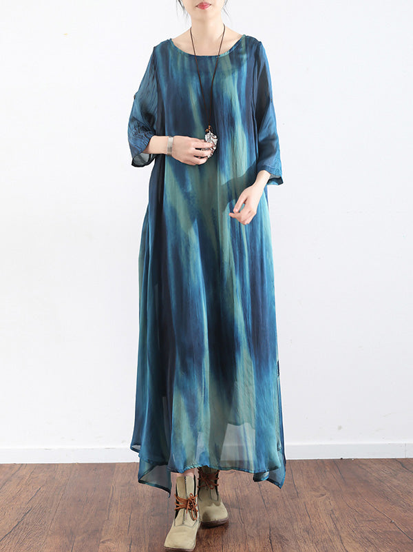 Artistic Retro 2 Pieces Printed Round-Neck Loose Maxi Dress