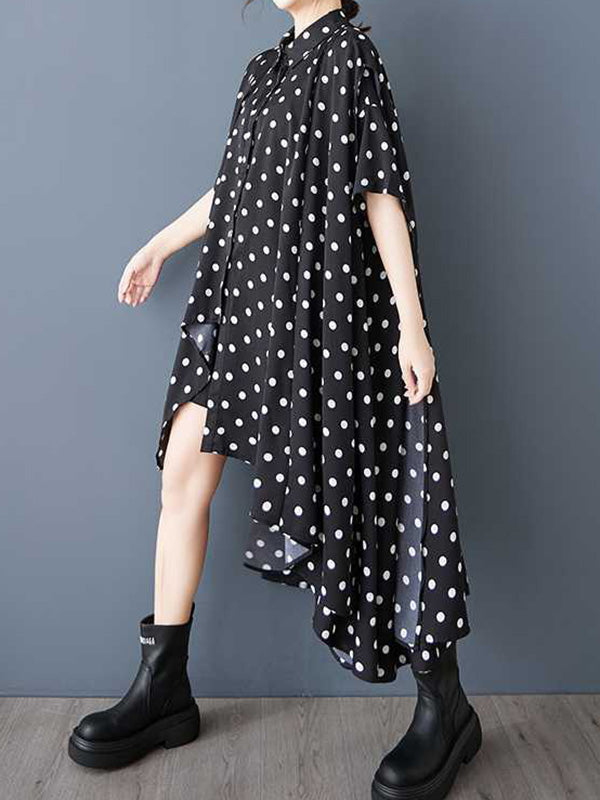 Asymmetric Buttoned Polka-Dot A-Line High-Low Lapel Shirt Dress Midi Dresses