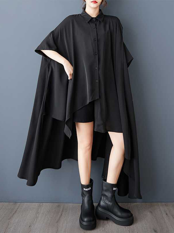 Asymmetric Buttoned Pockets Solid Color A-Line Half Sleeves Lapel Shirt Dress Midi Dresses