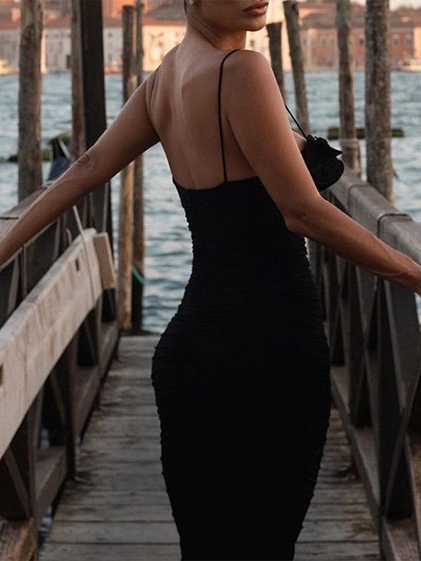 3D Flower Sleevless Spaghetti-Neck Elegant Wrap Maxi Dresses