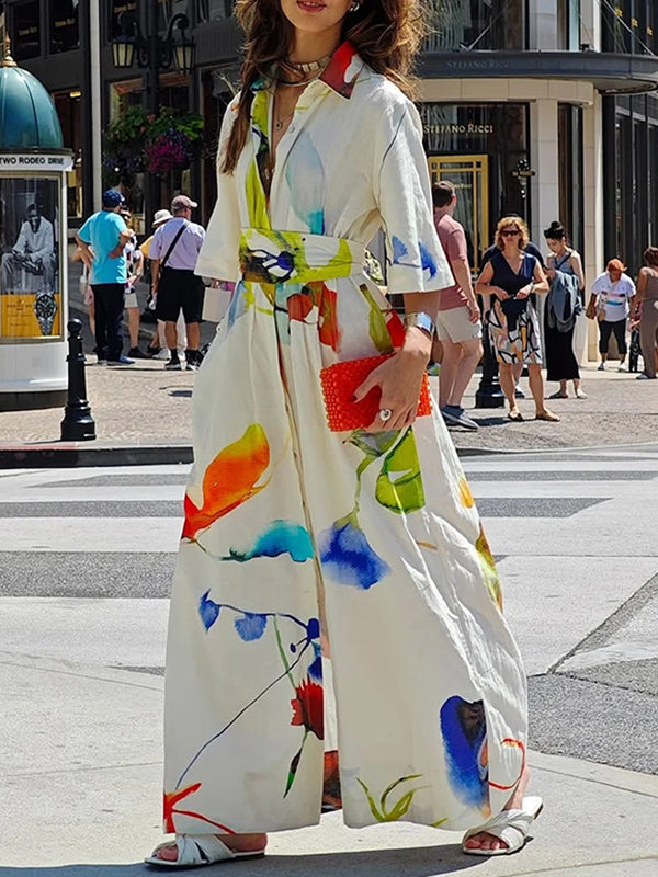 Asymmetric Printed Split-Joint Tied Waist Half Sleeves Loose Lapel Shirt Dress Maxi Dresses