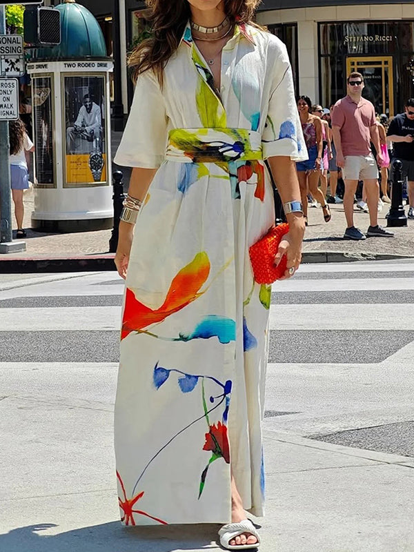 Asymmetric Printed Split-Joint Tied Waist Half Sleeves Loose Lapel Shirt Dress Maxi Dresses