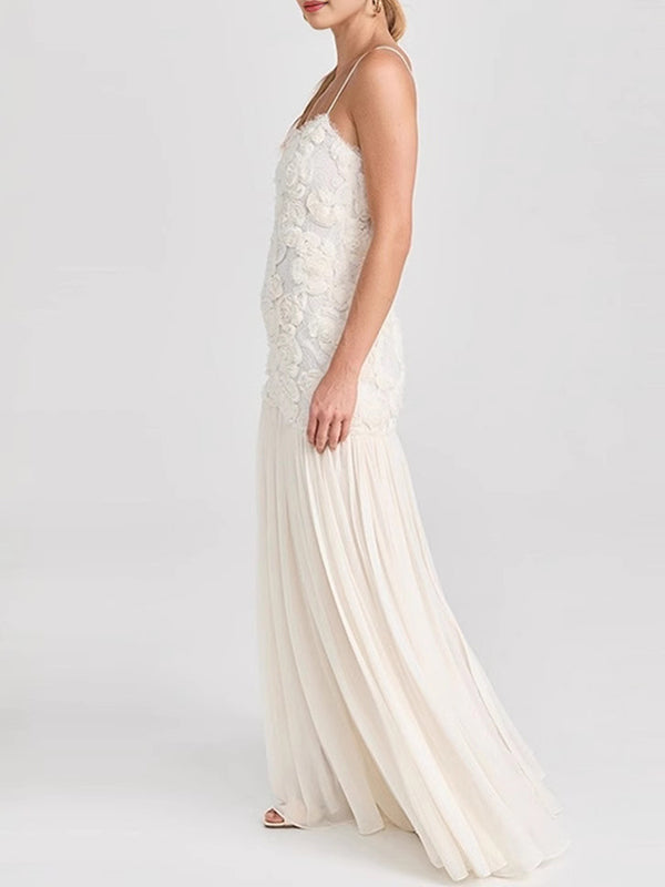 3D Flower Pleated Splicing Sleevless Spaghetti-Neck Elegant Maxi Dresses