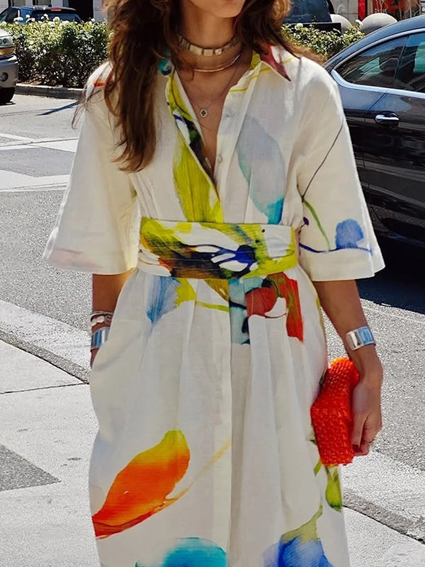 Asymmetric Printed Split-Joint Tied Waist Half Sleeves Loose Lapel Shirt Dress Maxi Dresses