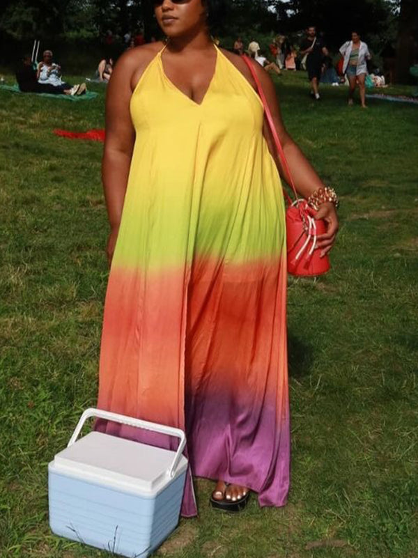 Backless Contrast Color Pleated Split-Joint Tied Loose Sleeveless Spaghetti-Neck Maxi Dresses