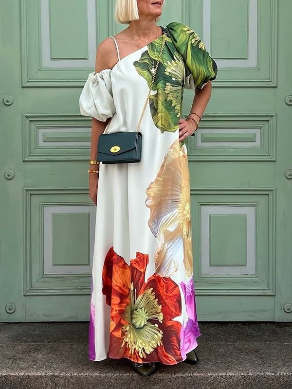 A-Line Loose Elasticity Flower Print One-Shoulder Maxi Dresses