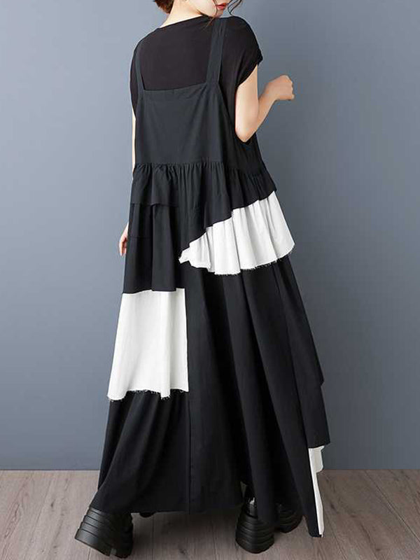 Asymmetric Buttoned Pleated A-Line Loose Spaghetti-Neck Suspender Dress Maxi Dresses