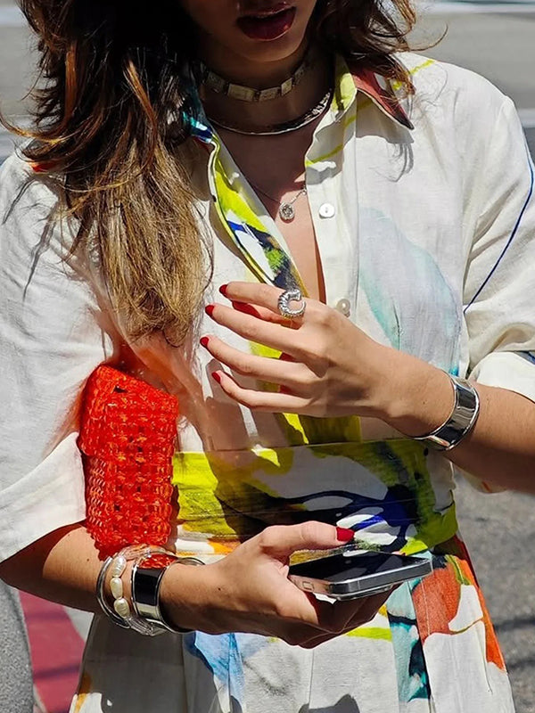 Asymmetric Printed Split-Joint Tied Waist Half Sleeves Loose Lapel Shirt Dress Maxi Dresses