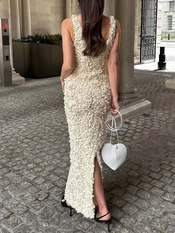 3D Flower Sleevless V-Neck Elegant Wrap Maxi Dresses