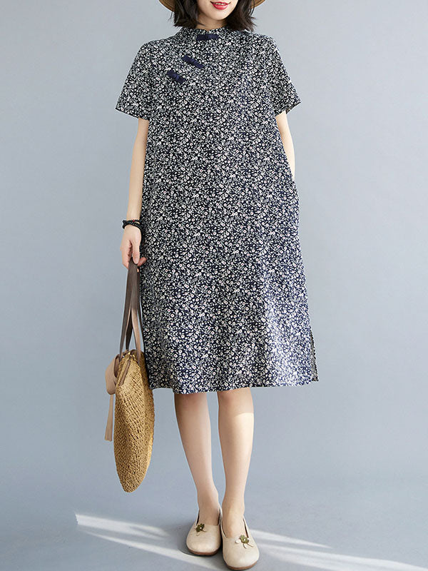 Artistic Retro Floral Printed Stand Collar Short Sleeves Cheongsam Midi Dress