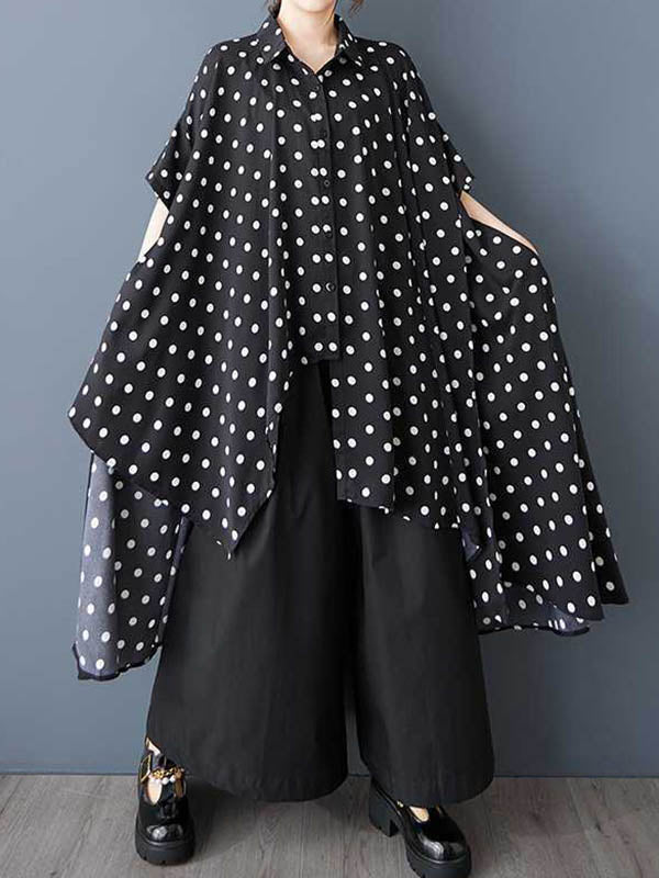 Asymmetric Buttoned Polka-Dot A-Line High-Low Lapel Shirt Dress Midi Dresses